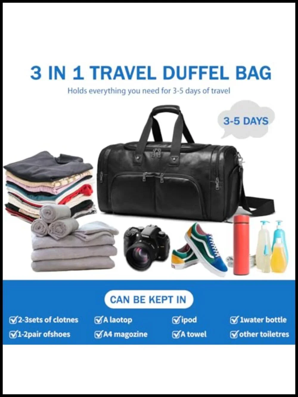 Leather Travel Duffle Bag - Waterproof Weekender Overnight Carry-On with Shoe